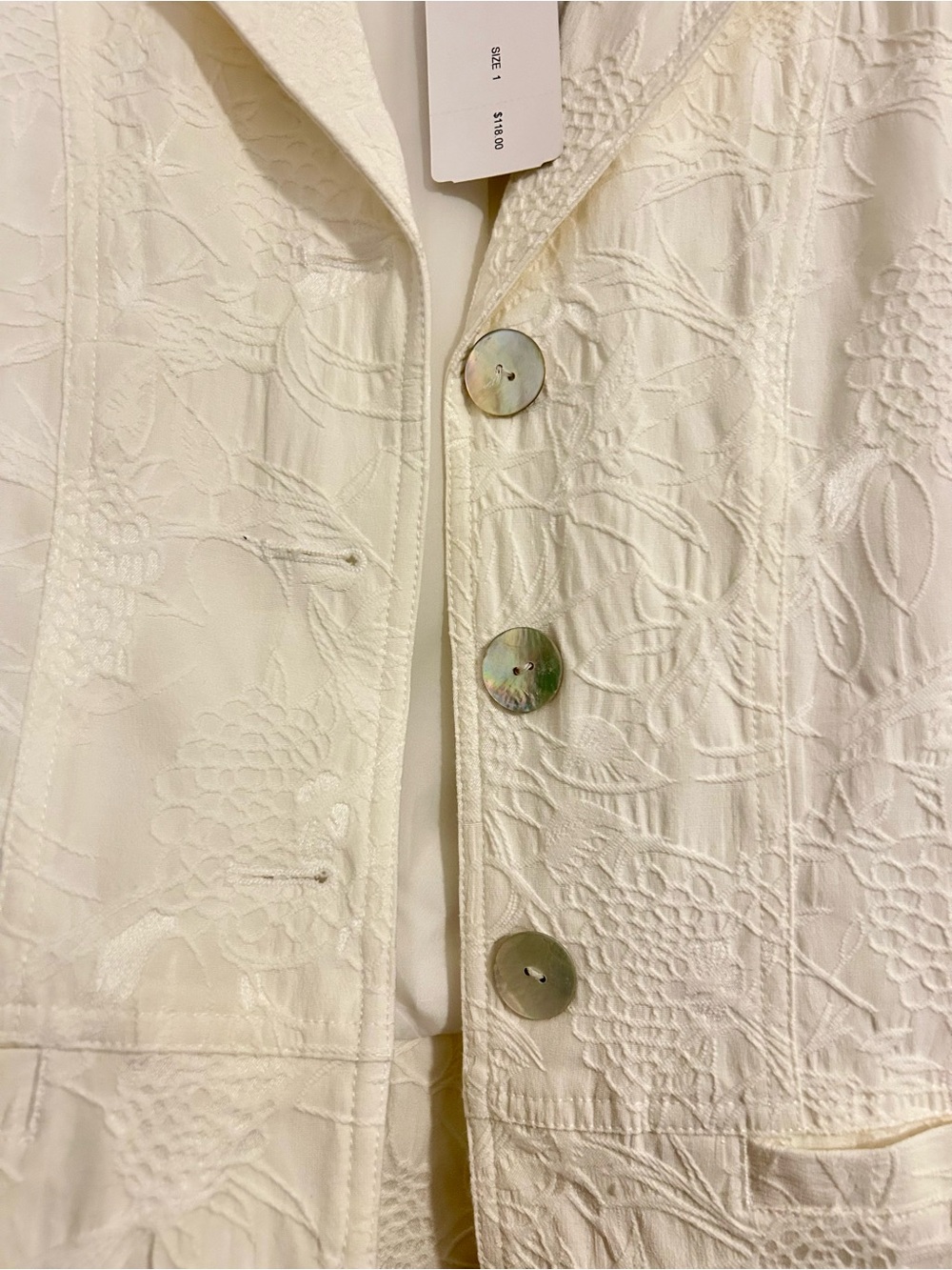 Chico's Ivory Embroidered Blazer with Shell Buttons
